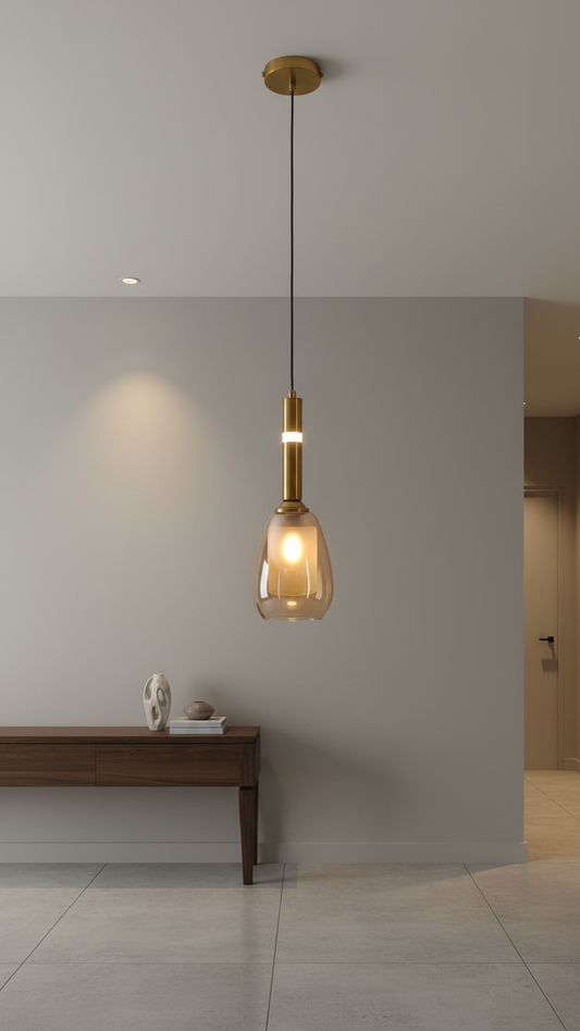 Swanart modern gold pendant light with amber glass shade hanging from ceiling, decorative fixture for kitchen, dining room, or cafe.