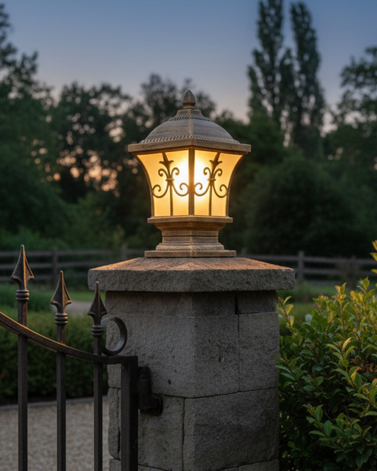 Swanart vintage outdoor gate light fixture with antique gold finish, waterproof pillar lamp for garden, wall, and entrance lighting.