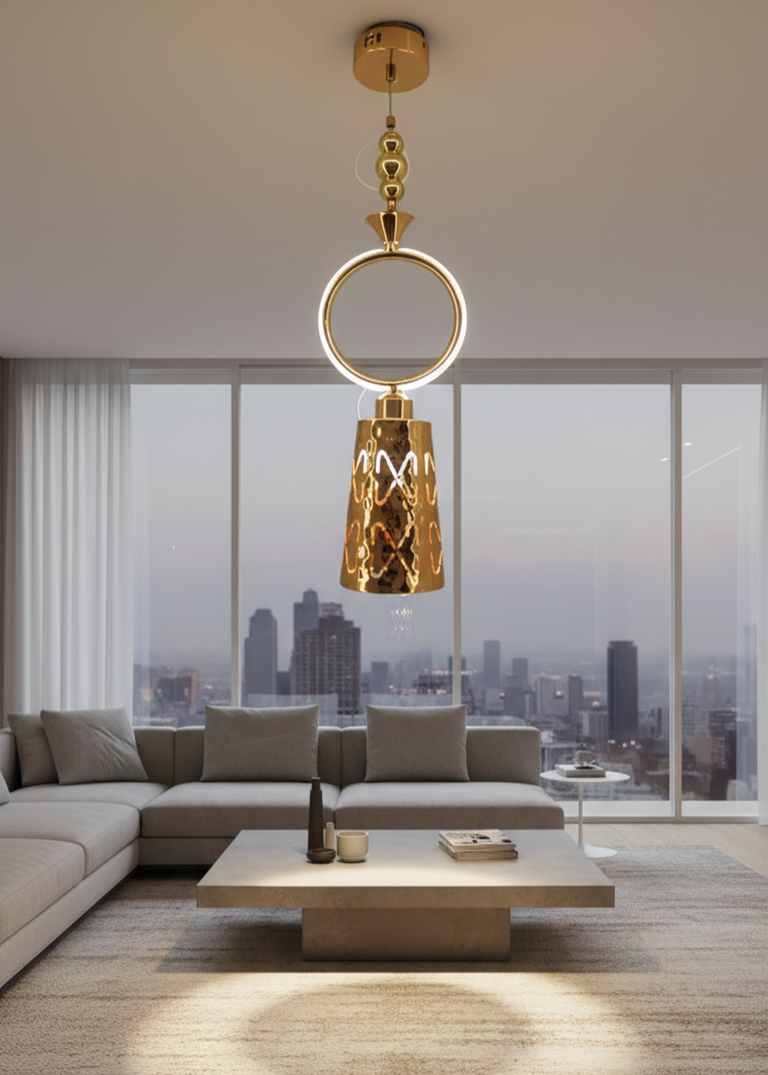 Swanart modern gold pendant light with ring design and hammered metal shade hanging over a dining table in a stylish kitchen.