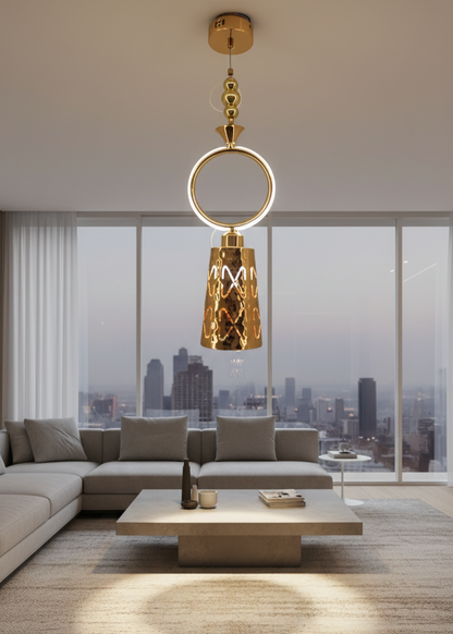 Swanart modern gold pendant light with ring design and hammered metal shade hanging over a dining table in a stylish kitchen.