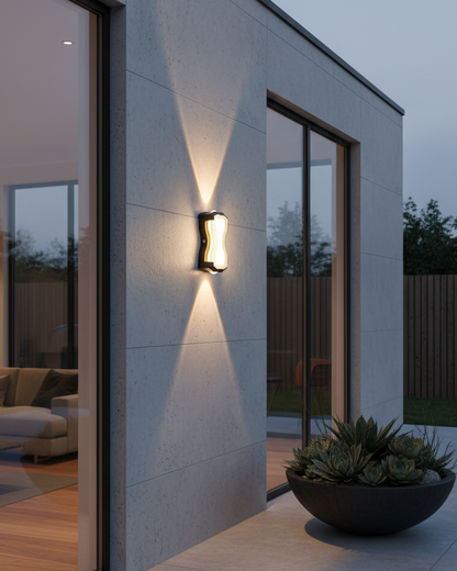 Swanart modern outdoor LED wall sconce in black finish, waterproof up-down exterior lighting for porch, garden, or patio.