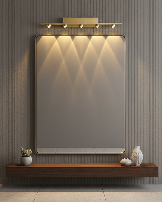 Gold wall-mounted LED mirror light by Swanart, decorative bathroom vanity lamp with warm white glow for dressing rooms and wash basins.