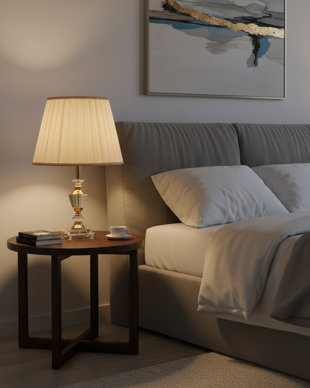Swanart crystal table lamp with fabric shade and gold finish base, modern bedside lamp with warm light for bedroom or living room.