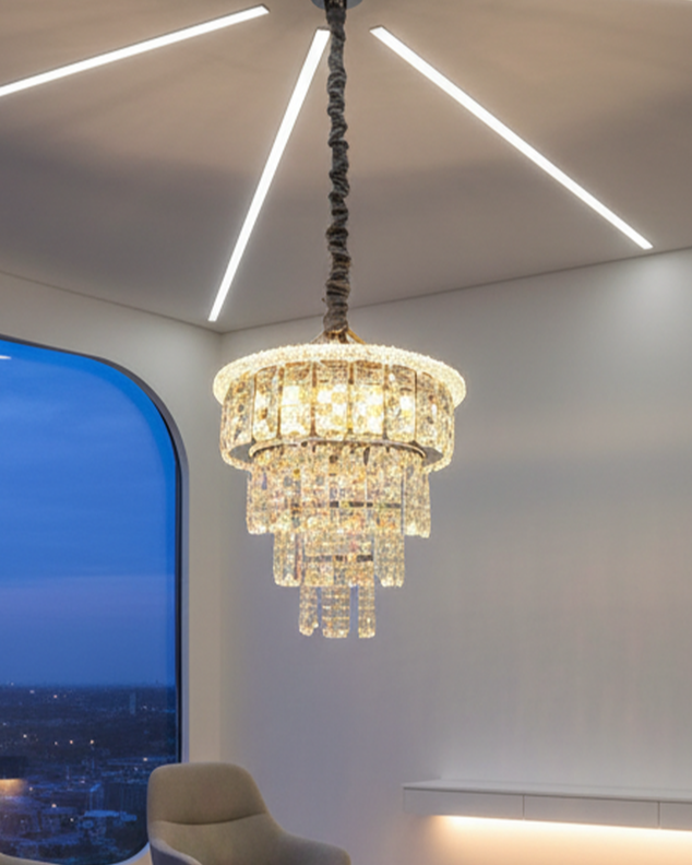Elegant Swanart Crystal Chandelier with moving LED lights, showcasing sparkling crystal accents and modern lighting design.