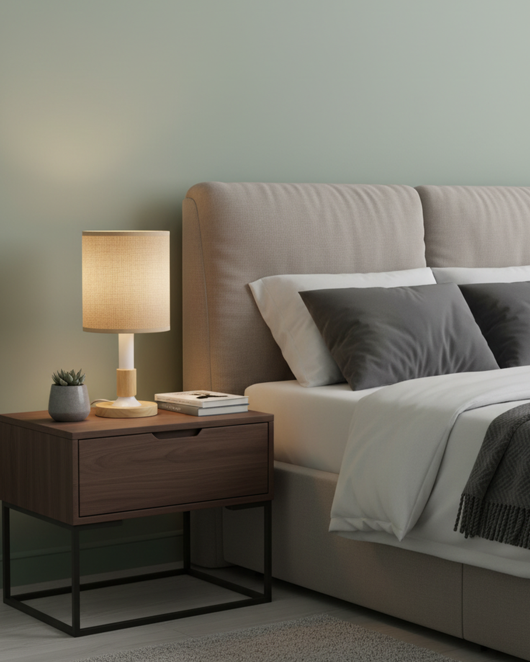 Swanart modern wooden table lamp with fabric shade, warm ambient light, decorative desk lamp for bedroom, living room, or study.