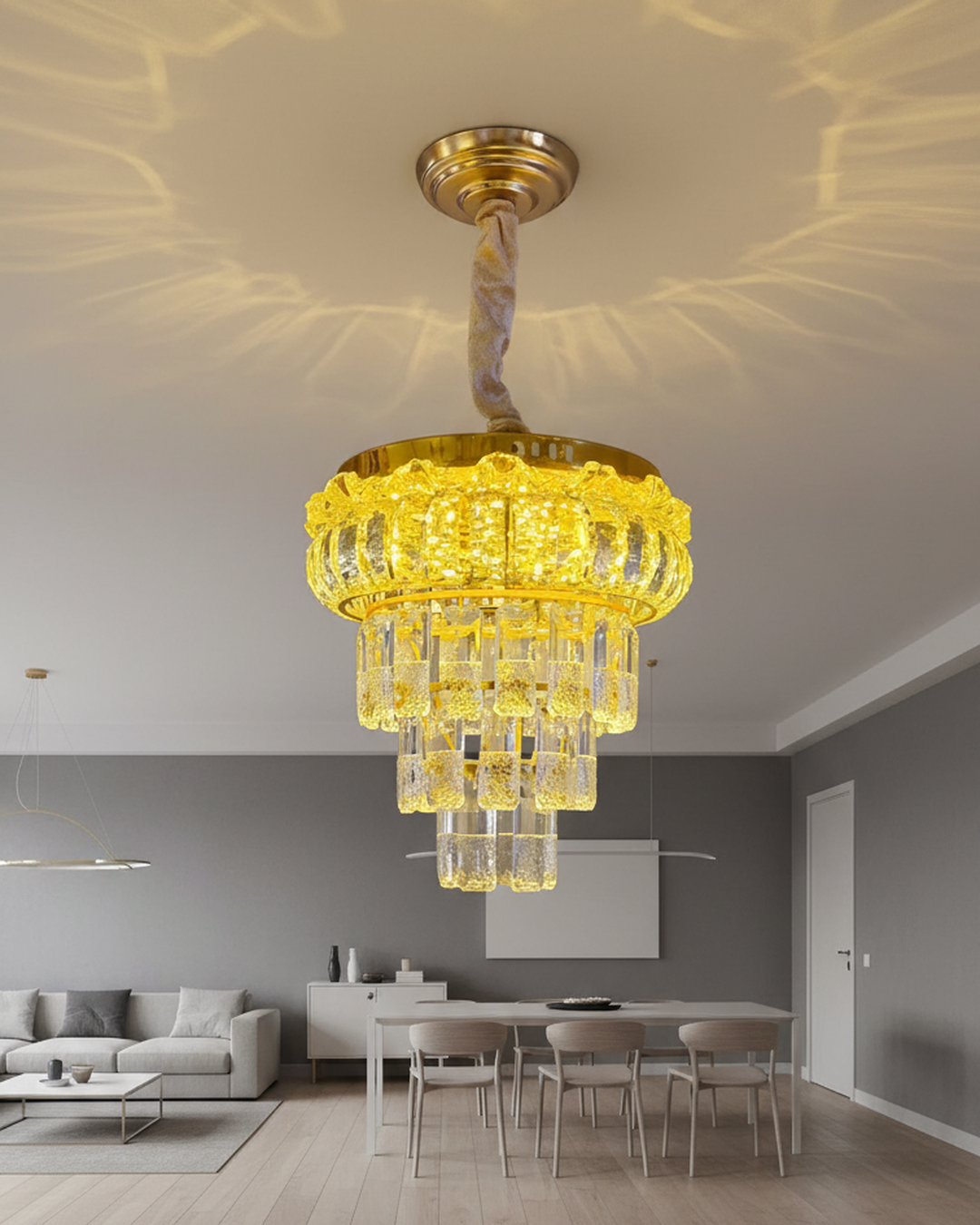 Swanart modern crystal chandelier ceiling light with moving crystals, LED glow, Bluetooth speaker, gold pendant lamp for dining or living room