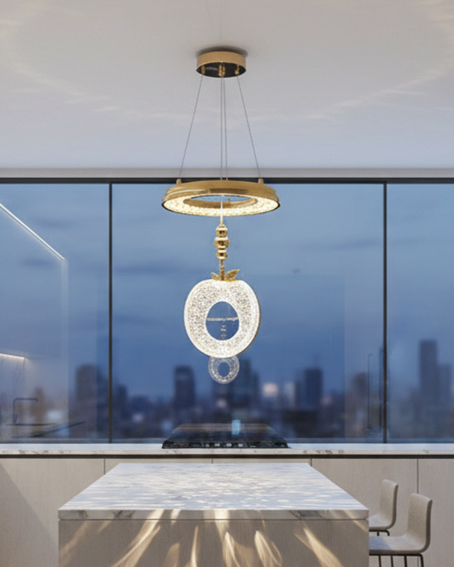 Swanart Luxury Crystaple Crystal Apple Chandelier with gold finish, LED pendant light featuring 3-in-1 color change and adjustable height.