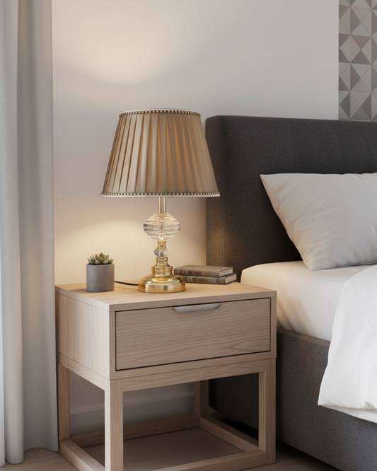 Swanart luxury crystal bedside table lamp with pleated fabric shade and warm ambient light, modern bedroom or living room décor.