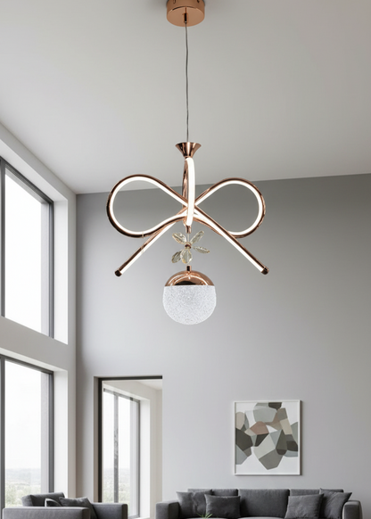 Rose gold Swanart infinity loop LED pendant chandelier with glass globe, modern decorative ceiling light for living or dining rooms