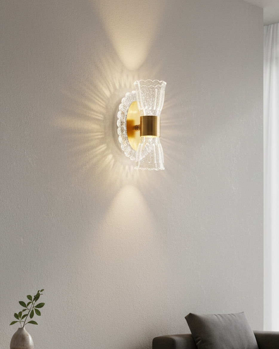 Swanart modern LED crystal wall light with golden acrylic finish, decorative indoor sconce for living rooms, hallways, and staircases.