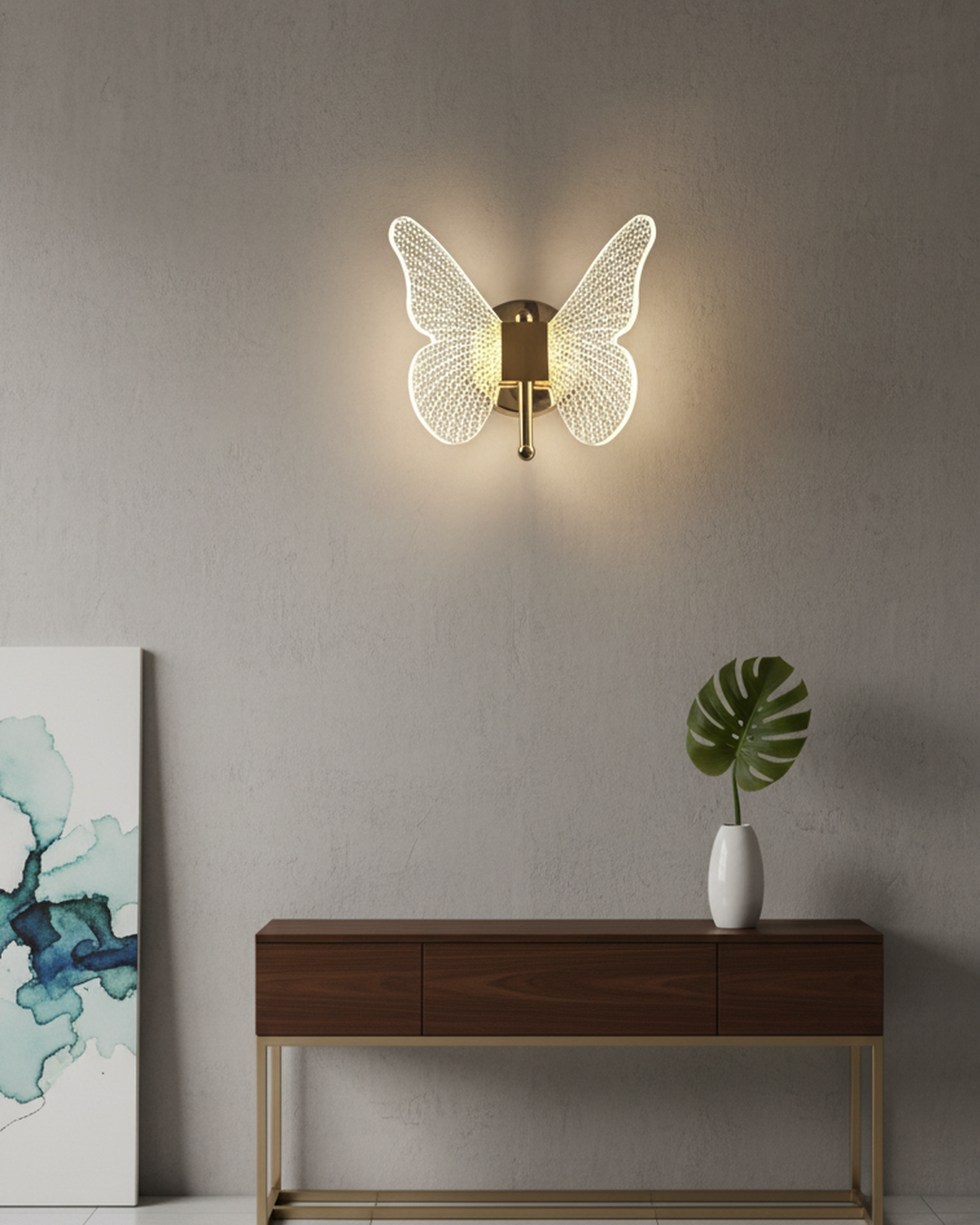 Swanart butterfly LED wall light with gold finish, warm white acrylic wings, modern decorative sconce for bedroom or living room.