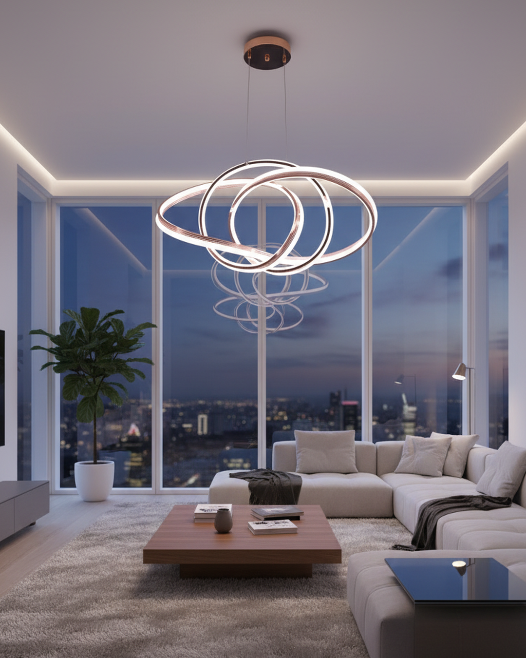 Swanart modern pendant light with sleek design, hanging from ceiling with warm glow, perfect for contemporary home decor.