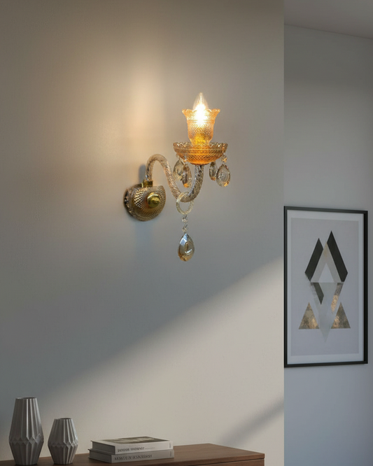 Swanart luxury crystal wall light with golden sconce and hanging crystal drops, warm ambient lighting for living room or bedroom decor
