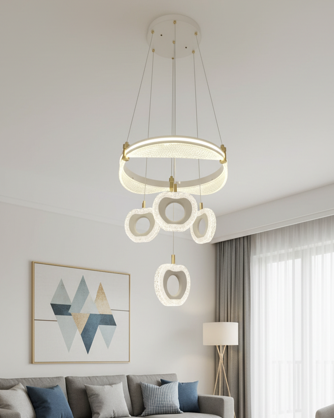 Swanart modern LED ring chandelier with crystal flower pendants hanging from a ceiling, decorative lighting for living or dining rooms