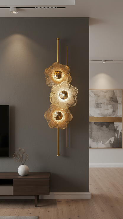Swanart modern flower crystal wall light with gold finish, decorative floral glass LED sconce for living room, bedroom, and hallway lighting