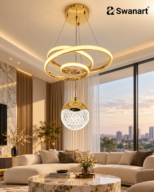 Swanart modern LED ceiling pendant light with crystal ball and spiral design, dimmable hanging chandelier in a creative studio setting.