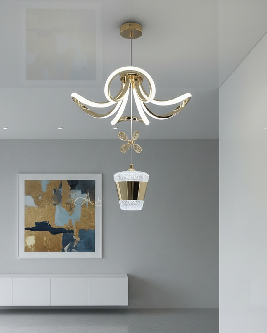 Swanart living room ceiling light fixture in white, modern design, suitable for multiple room types, shown hanging from ceiling.