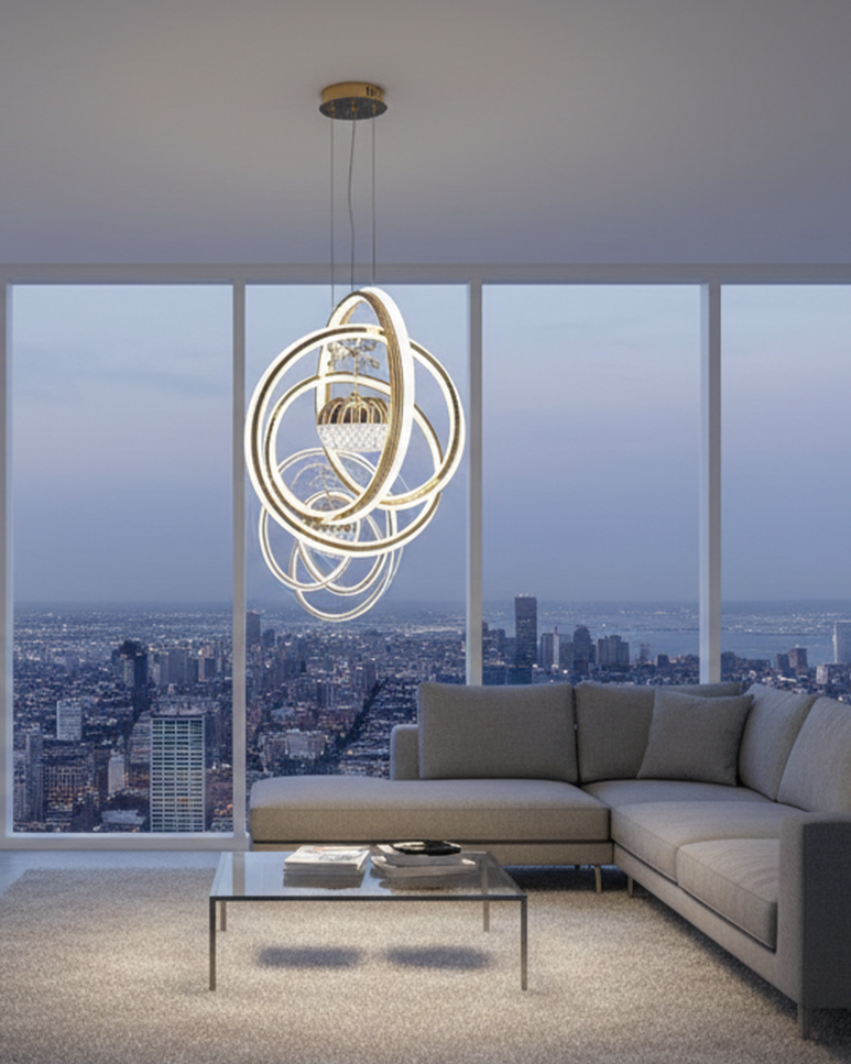 Swanart Fibreglass Orbis hanging light fixture with modern, innovative design and soft illumination, displayed in a creative studio setting.