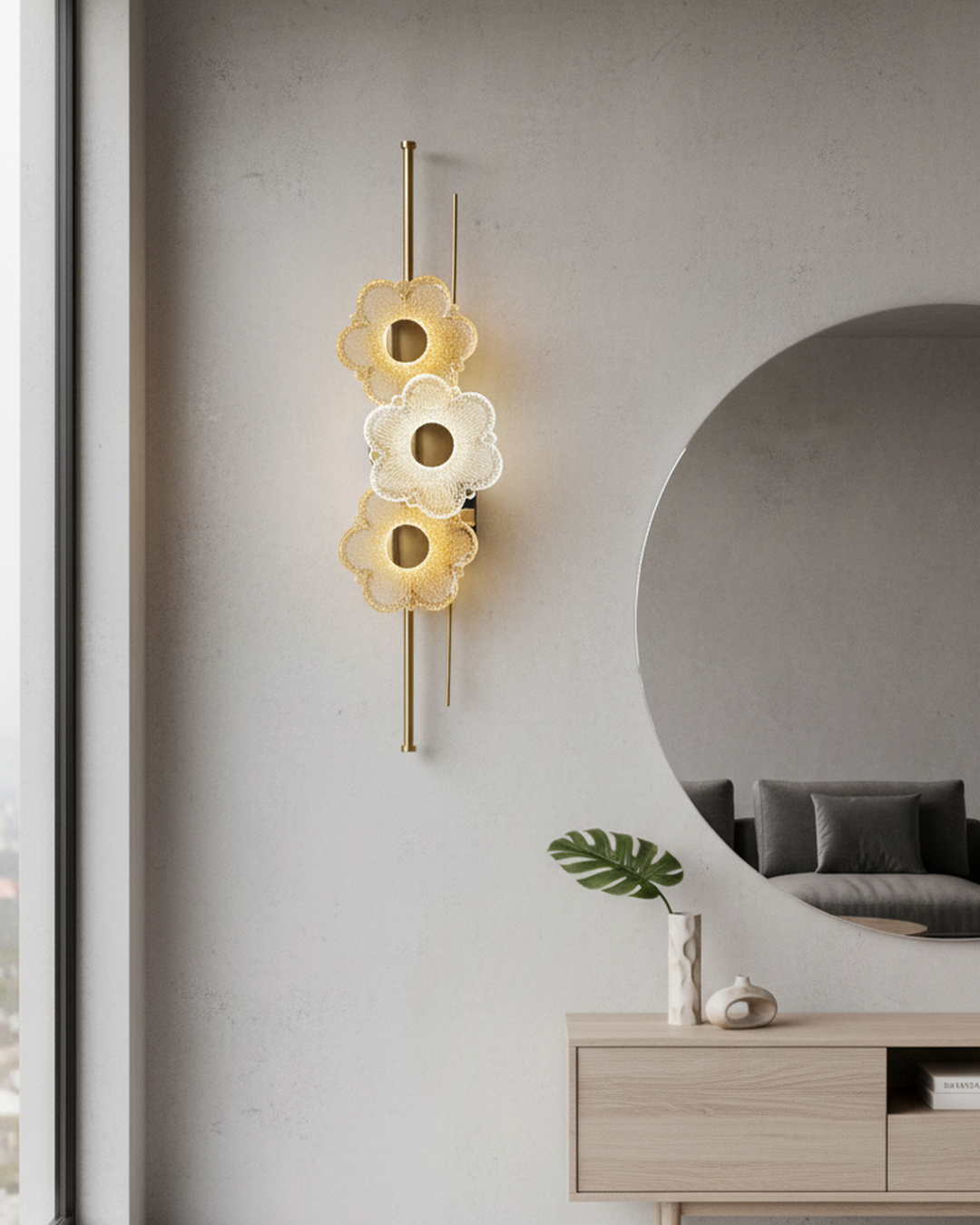 Swanart modern floral crystal wall light with gold finish and LED bulb, decorative glass flower design for living room or bedroom lighting