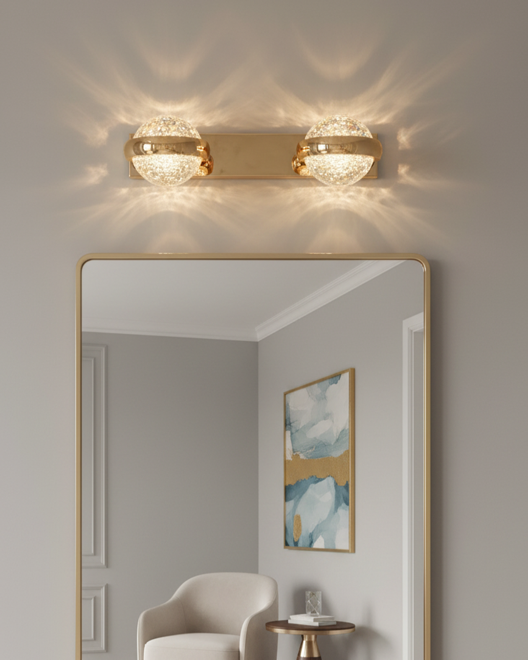 Modern Swanart gold crystal wall light with double globe LED vanity fixtures, warm white mirror illumination for bathroom or hallway decor.