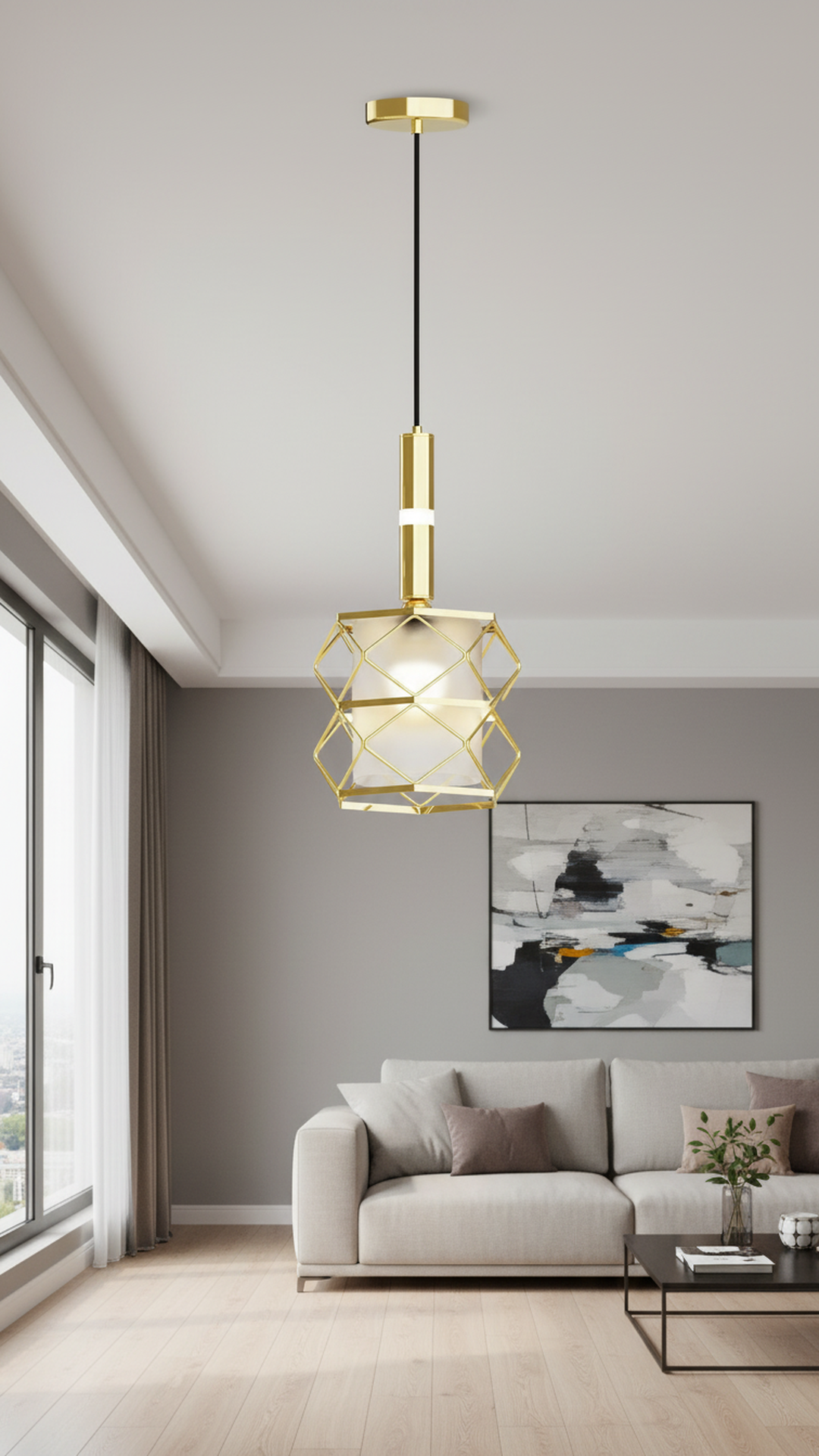 Swanart modern gold geometric pendant light with frosted glass shade, metal frame hanging from ceiling in stylish living or dining room.