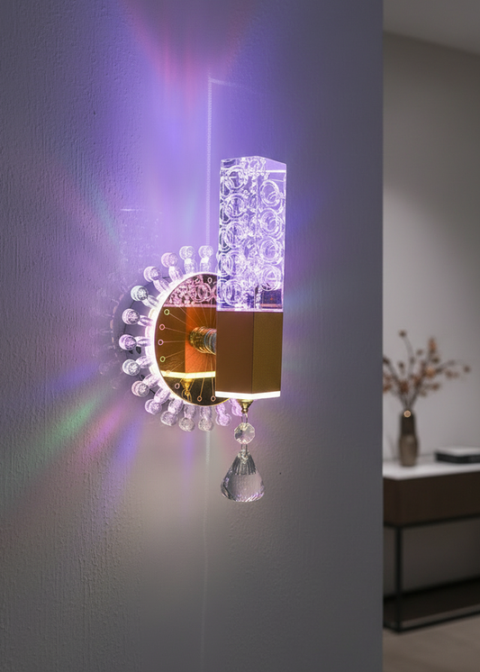 Swanart modern crystal LED wall sconce with color-changing ambient lighting, ideal for bedrooms, living rooms, hallways, and dining areas.