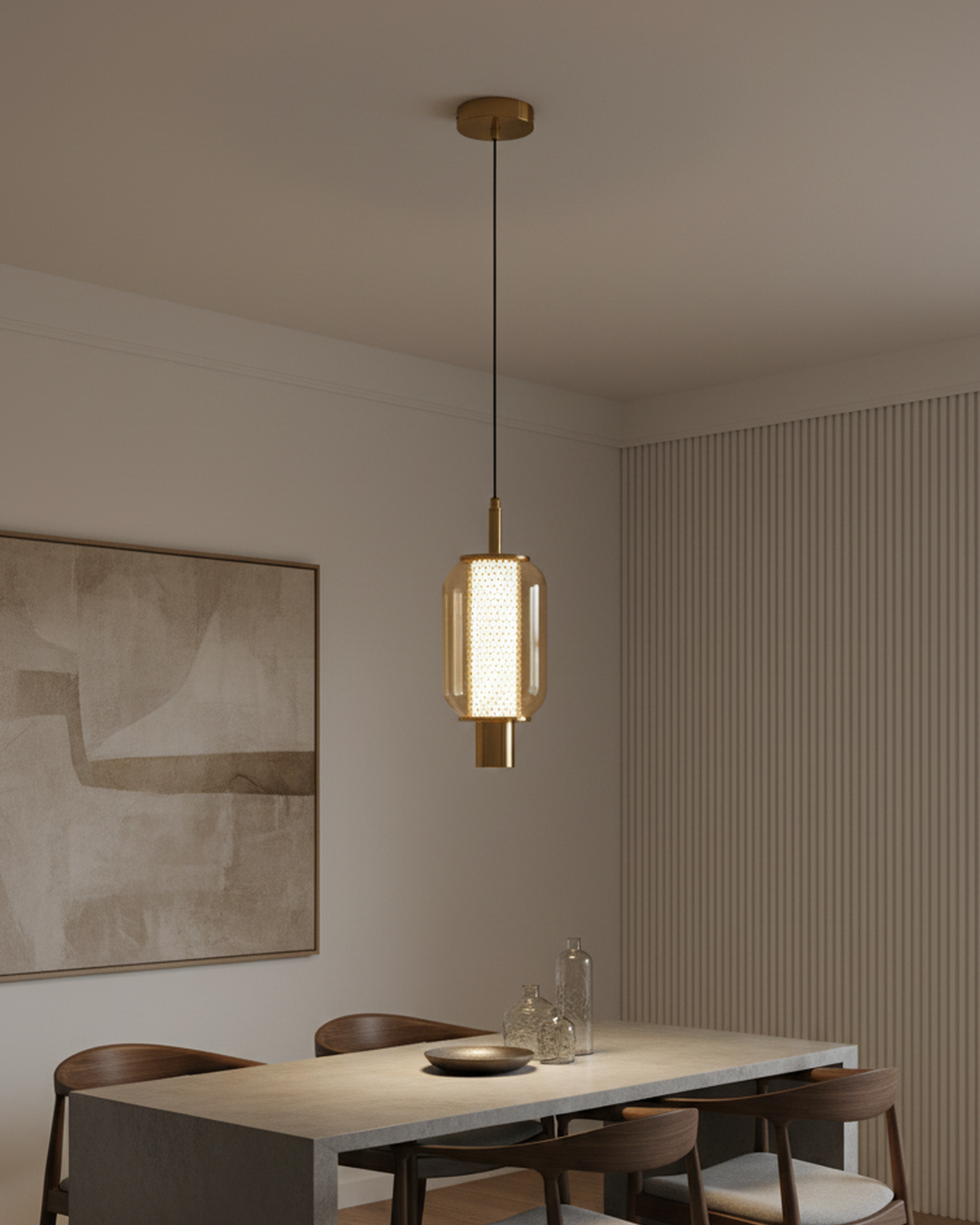 Swanart modern gold hanging pendant light with amber glass shade, LED ceiling lamp for living room, dining, or bedroom decor