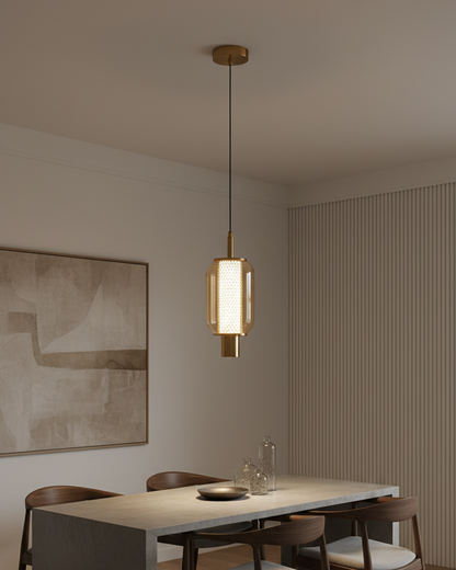 Swanart modern gold hanging pendant light with amber glass shade, LED ceiling lamp for living room, dining, or bedroom decor