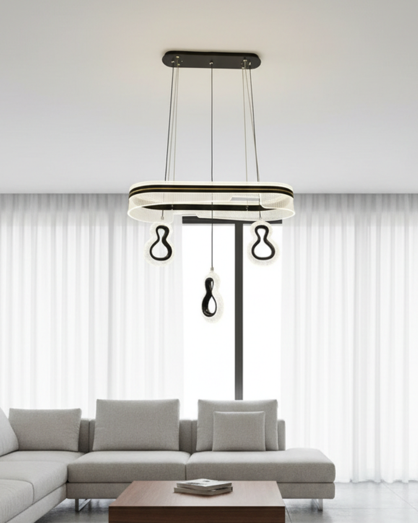 Swanart modern LED pendant chandelier with black and gold acrylic design, adjustable hanging ceiling light for living room or dining area