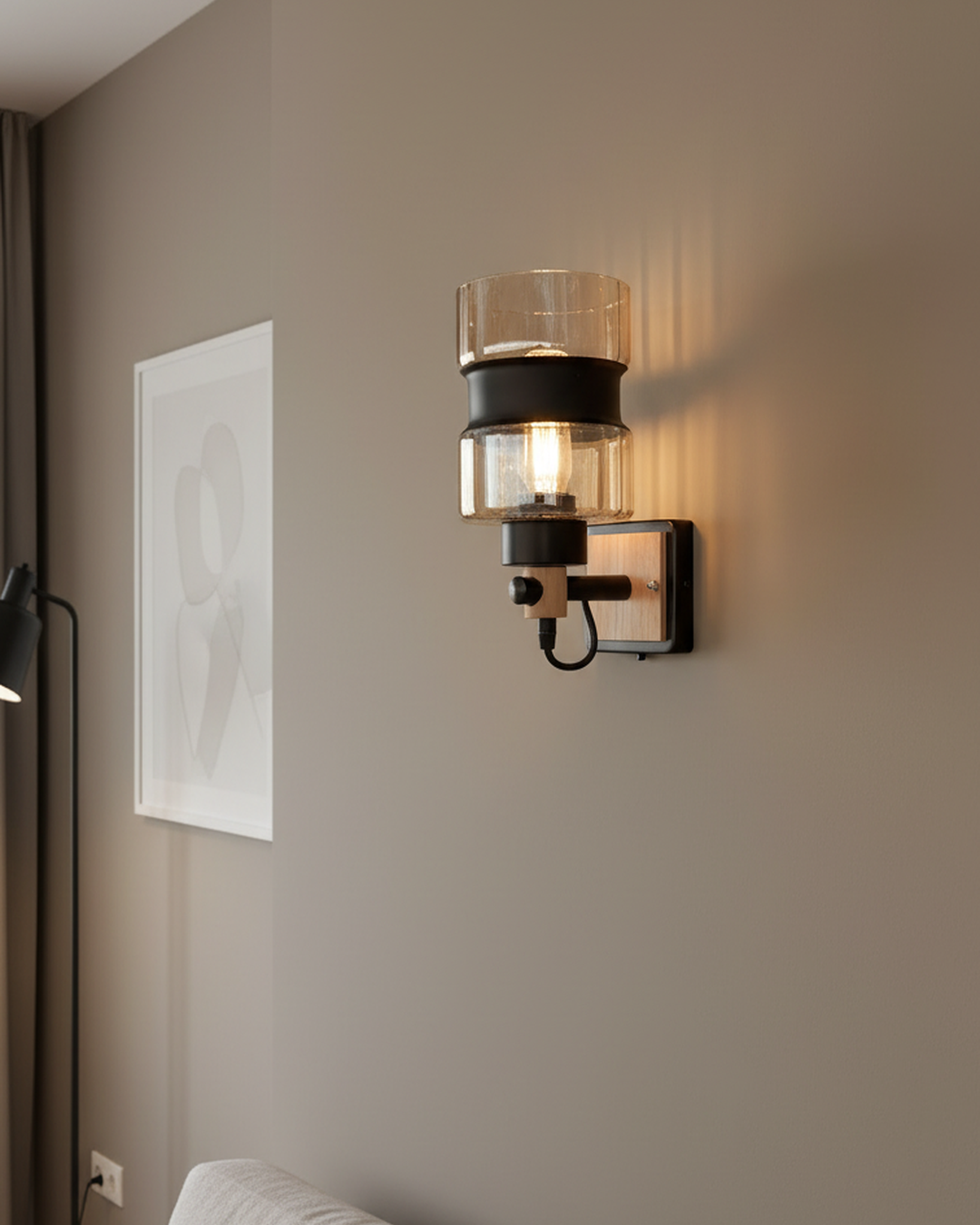 Swanart modern wall light sconce with amber glass shade, wooden and black metal finish, warm LED lighting for living room or bedroom