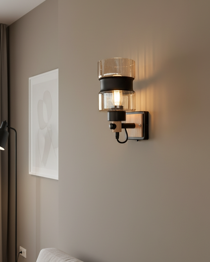 Swanart modern wall light sconce with amber glass shade, wooden and black metal finish, warm LED lighting for living room or bedroom