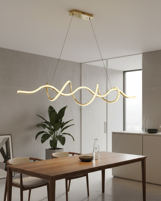 Swanart Modern Wave LED chandelier pendant light with gold finish, 100cm, hanging ceiling lamp over dining table or kitchen island