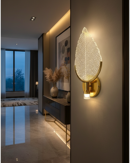 Swanart Leaf LED Wall Light, Decorative Wall Lamp, Modern Wall Light, Golden Wall Sconce, Crystal Leaf Light for Bedroom, Living Room, Hallway & Home Décor
