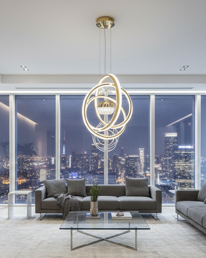 Swanart Orbis fibreglass hanging light fixture with modern, innovative design and warm illumination in a creative studio setting.