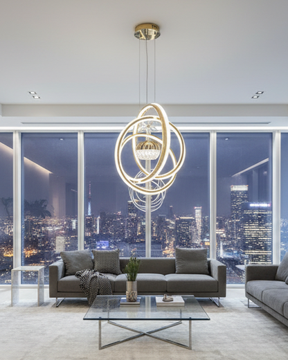 Swanart Orbis fibreglass hanging light fixture with modern, innovative design and warm illumination in a creative studio setting.