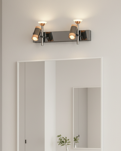 Swanart black and rose gold modern wall sconce with adjustable LED cylindrical shades, stylish decor for living room or bedroom.