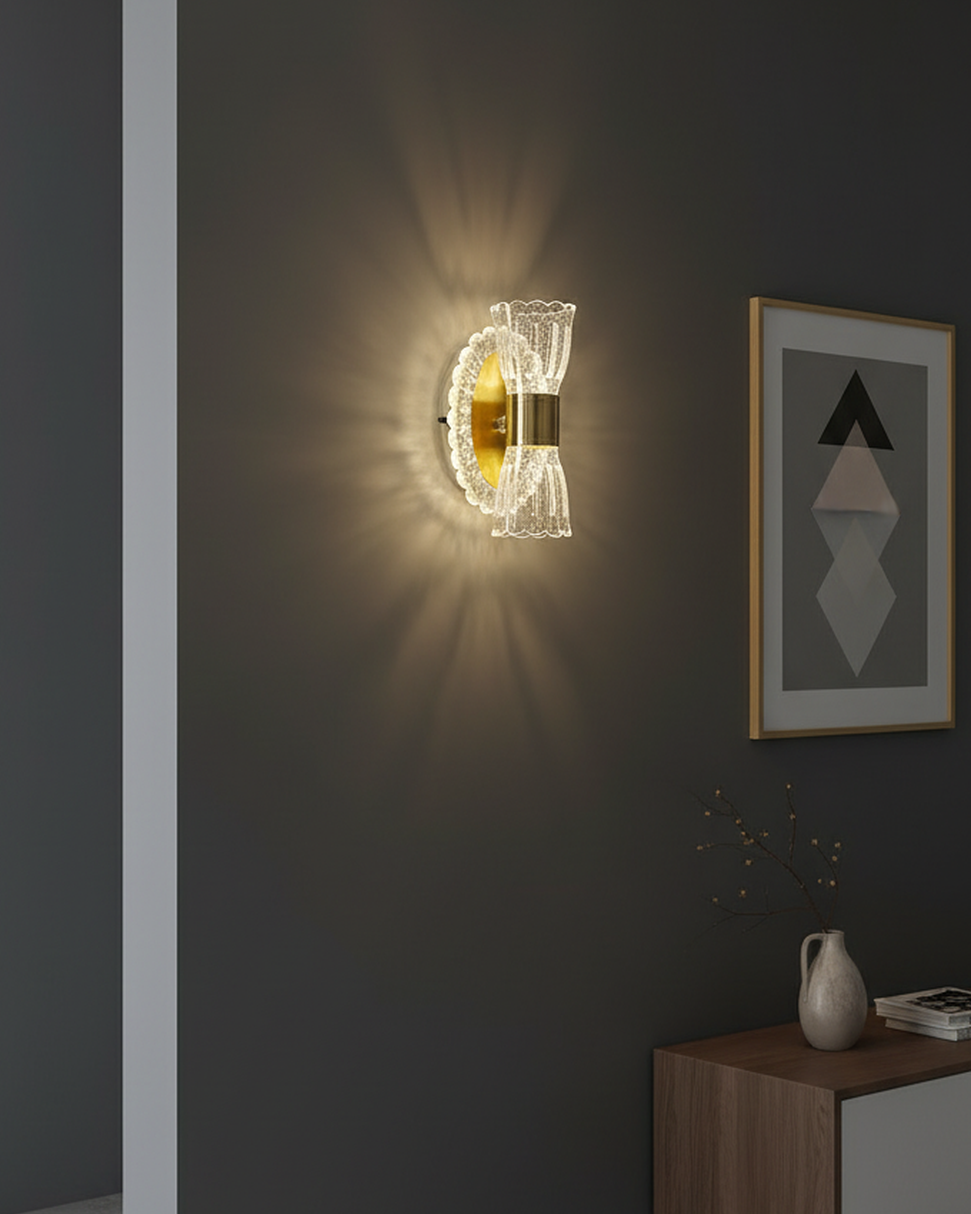Swanart modern LED crystal wall sconce with golden acrylic finish, decorative indoor wall light for living room, hallway, or staircase.