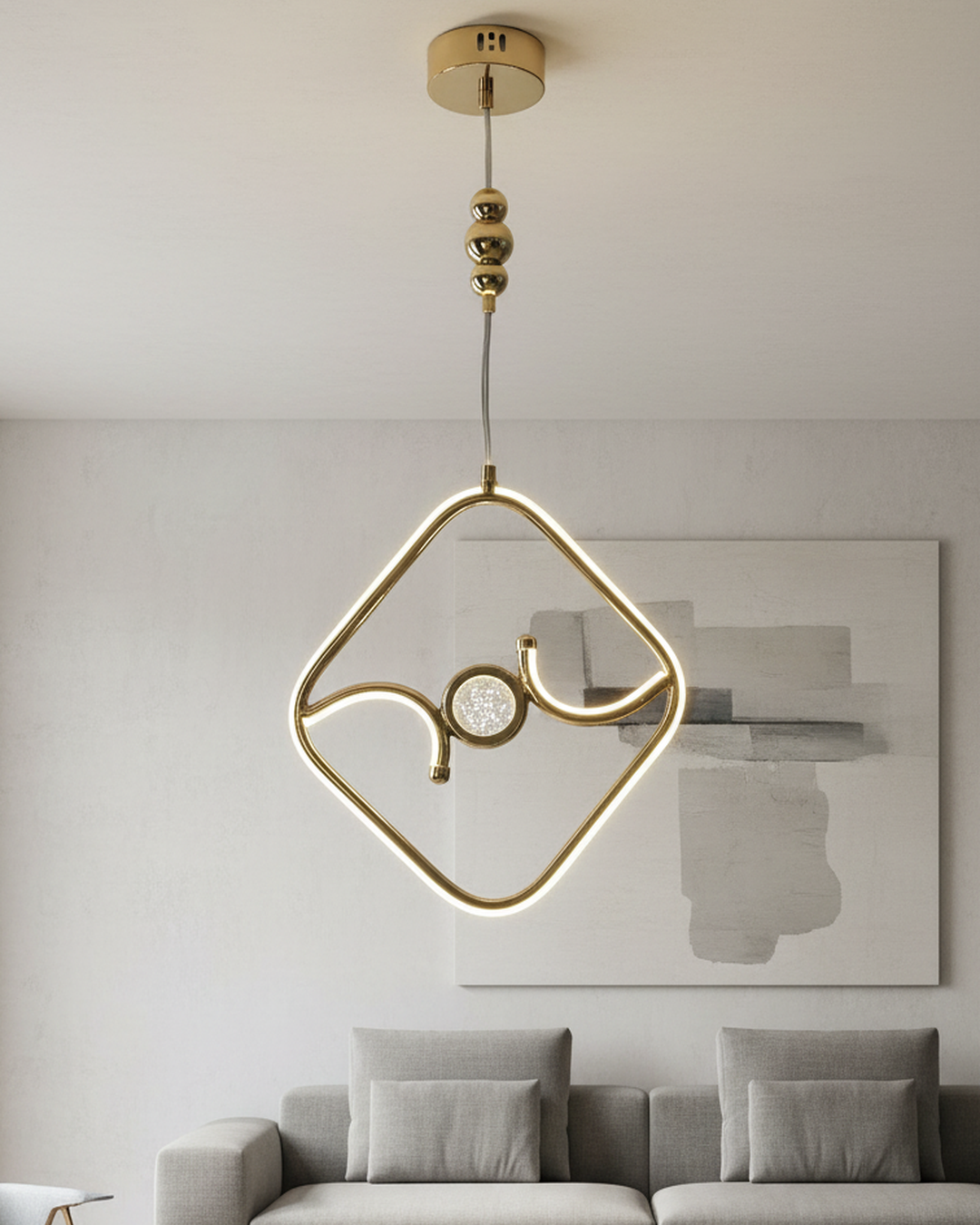 Swanart modern LED pendant light with gold diamond chandelier design, warm LED ring, hanging ceiling fixture for living or dining room