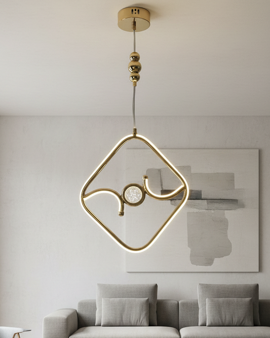 Swanart modern LED pendant light with gold diamond chandelier design, warm LED ring, hanging ceiling fixture for living or dining room