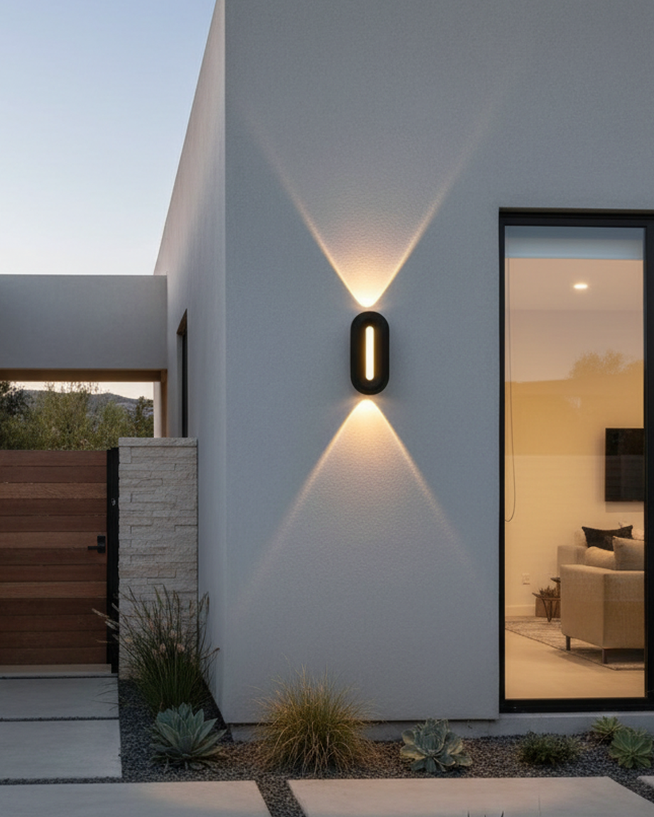 Modern black outdoor LED wall light by Swanart, energy-efficient exterior lighting fixture mounted on a wall for stylish outdoor illumination.