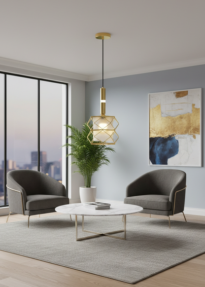 Modern gold geometric pendant light by Swanart featuring a metal frame and frosted glass shade for kitchen or dining room decor.