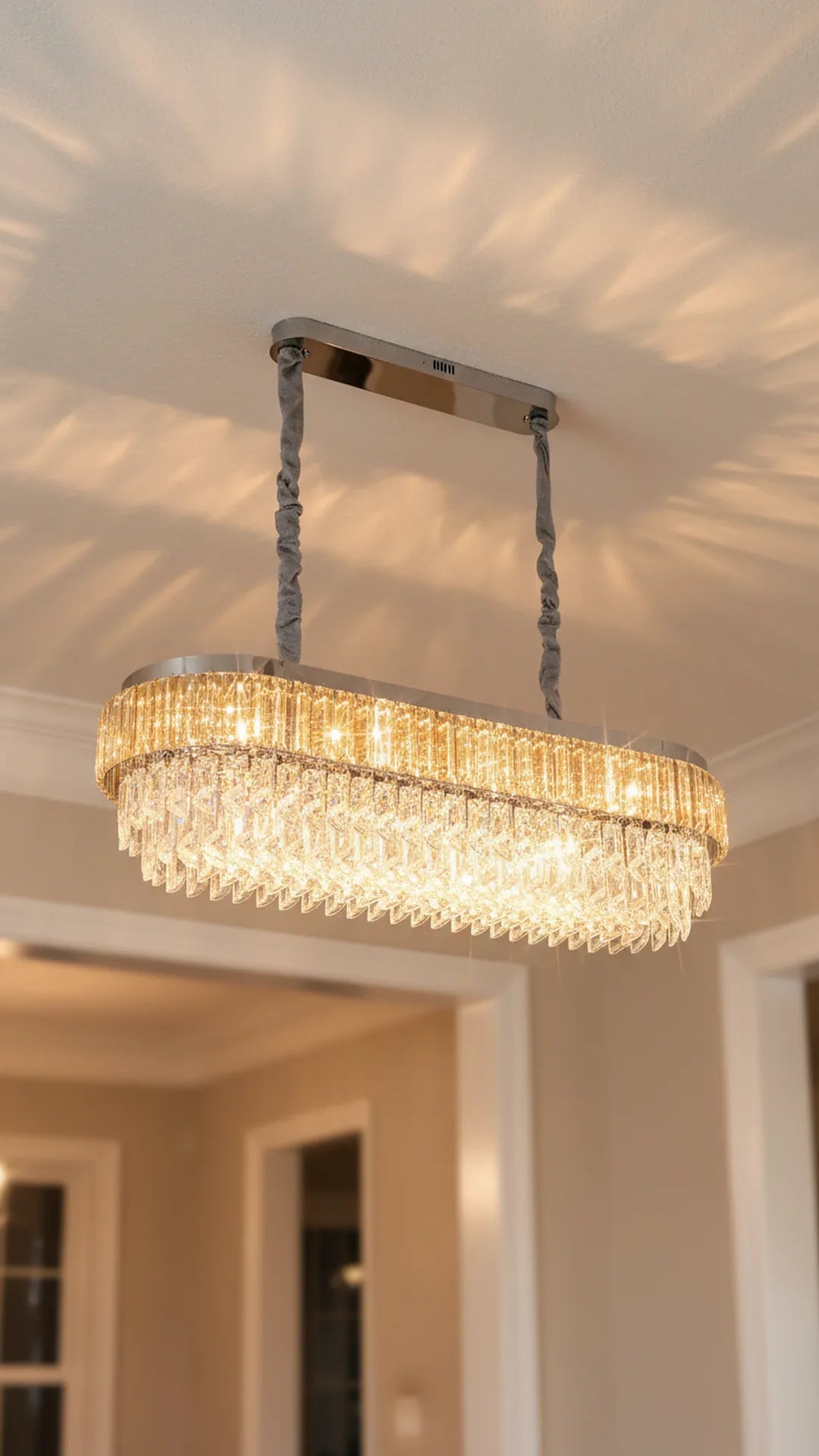 Swanart Luxury Crystal Linear Chandelier for Dining Table, Modern Gold LED Pendant Ceiling Light, 4 Layer Crystal Rectangular Hanging Lamp for Living Room Kitchen Island Dining Room