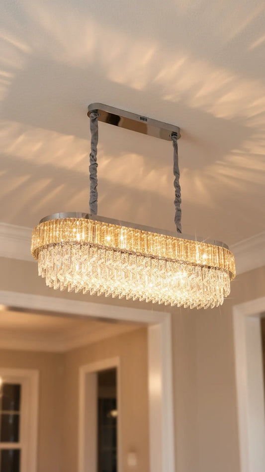 Swanart Luxury Crystal Linear Chandelier for Dining Table, Modern Gold LED Pendant Ceiling Light, 4 Layer Crystal Rectangular Hanging Lamp for Living Room Kitchen Island Dining Room