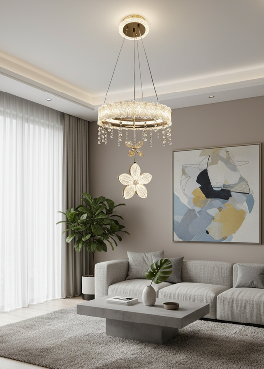 Swanart crystal flower chandelier with gold ring and LED flower design hanging from ceiling, modern luxury pendant light for living room