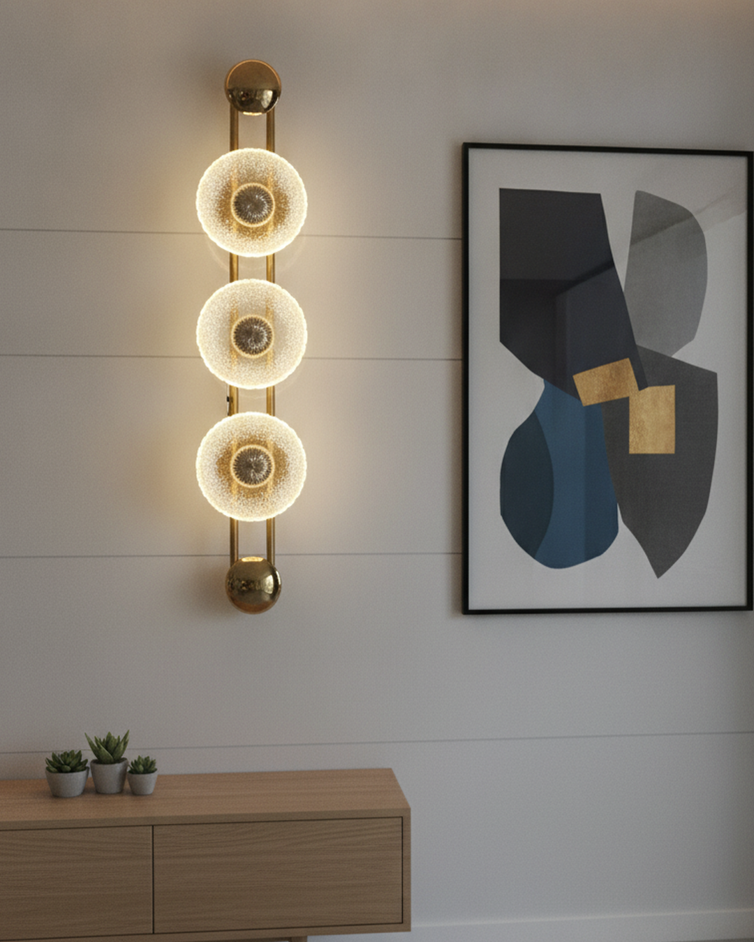 Swanart modern LED wall sconce with crystal glass and gold finish, decorative indoor wall light for bedroom, hallway, or staircase.