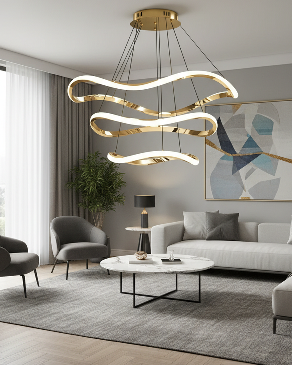 Swanart modern LED hanging pendant light with wave design, gold finish, 3-color dimmable LEDs, ceiling fixture for living or dining room