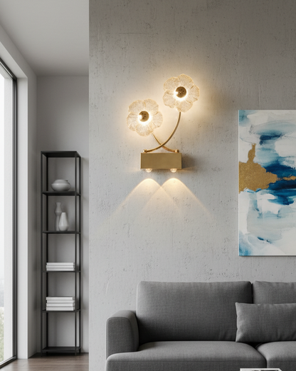 Swanart modern gold flower LED wall sconce with crystal petal design, emitting warm light for living room, bedroom, or hallway decor.