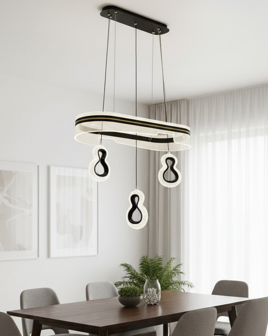 Modern Swanart LED pendant chandelier with black and gold acrylic finish, adjustable hanging ceiling light for living and dining rooms.