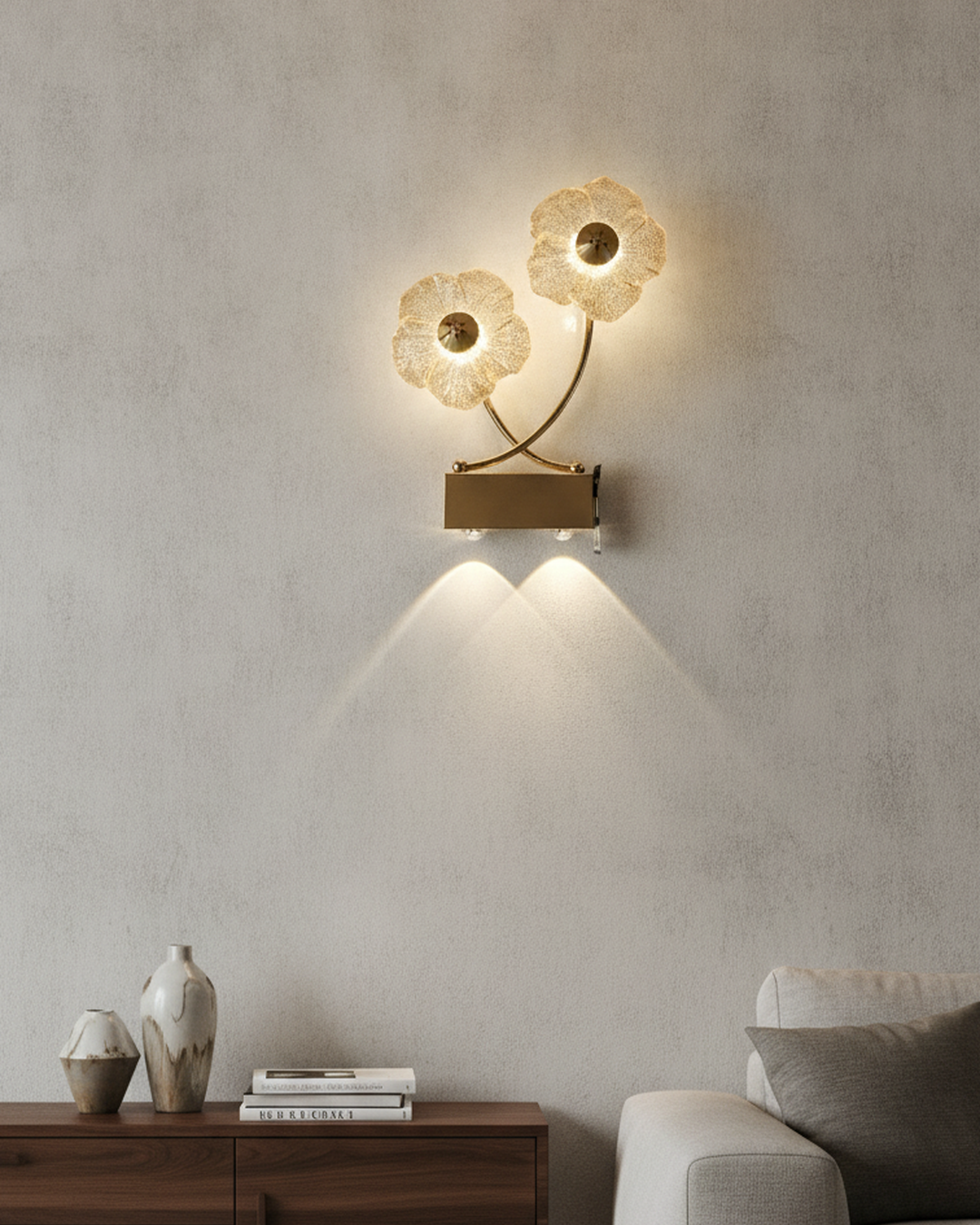 Swanart modern flower LED wall sconce with gold finish, dual crystal petal design, warm light, decorative for living room or bedroom.