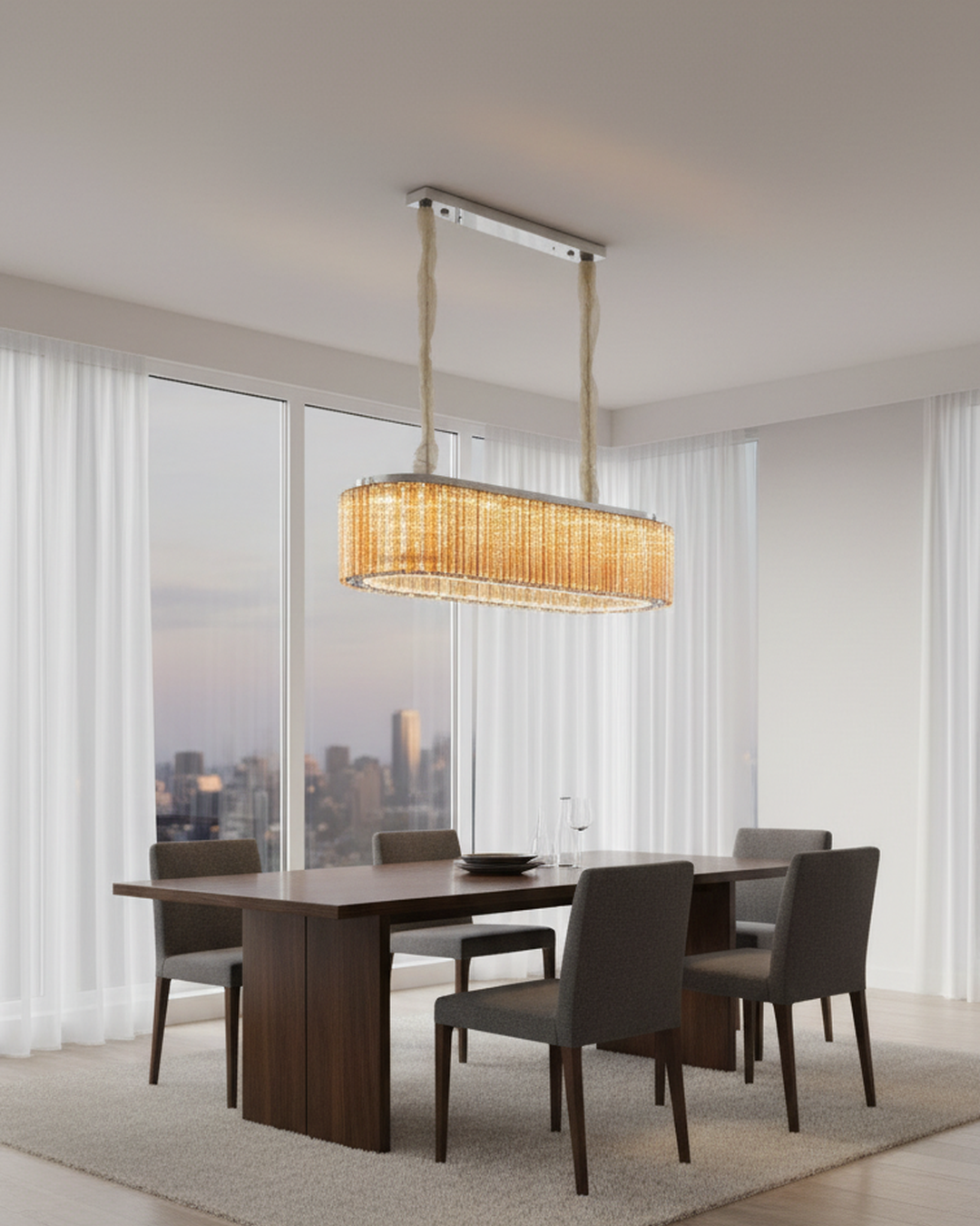 Swanart modern crystal chandelier ceiling light with rectangular design, warm white LED pendant lamp over dining table or living room.